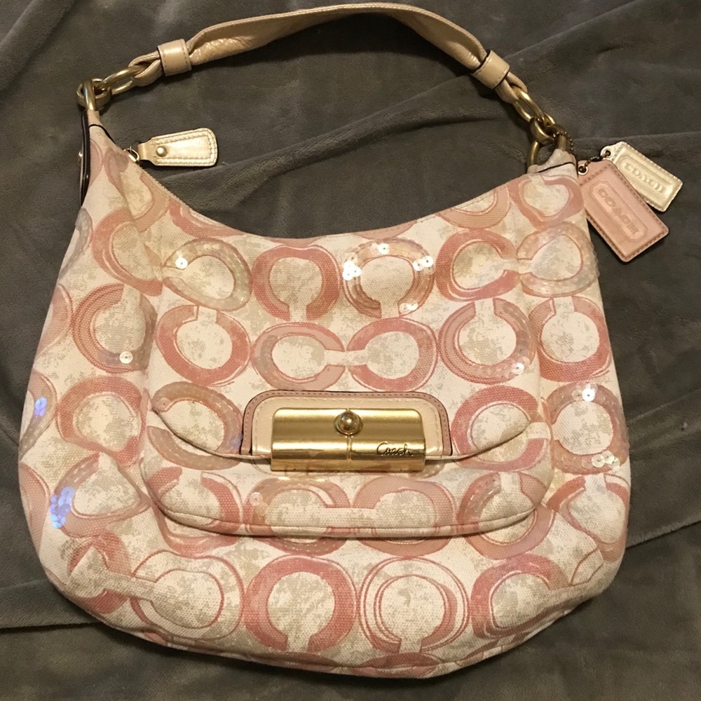 Coach hobo bag peony pink sequin on cream canvas